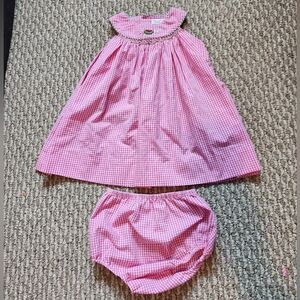 Petit Ami Pink Gingham Dress with Watermelon Embroidery